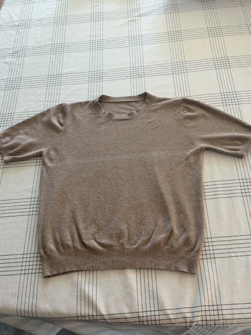 Heather Taupe Short Sleeve Fine Knit Crewneck Sweater Tee - S